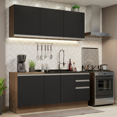 Cocina Compacta 180 cm 6 Puertas 3 Cajones Sin Mesada Marrón/Negro Glamy Madesa