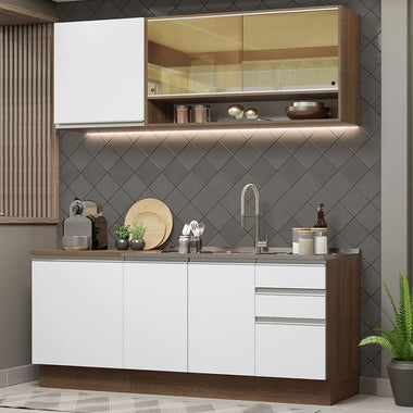 Cocina Compacta 180 cm 6 Puertas 3 Cajones Sin Mesada Marrón/Blanco Glamy Madesa