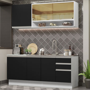 Cocina Compacta 180 cm 6 Puertas 3 Cajones Sin Mesada Blanco/Negro Glamy Madesa