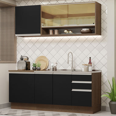 Cocina Compacta 180 cm 6 Puertas 3 Cajones Sin Mesada Marrón/Negro Glamy Madesa