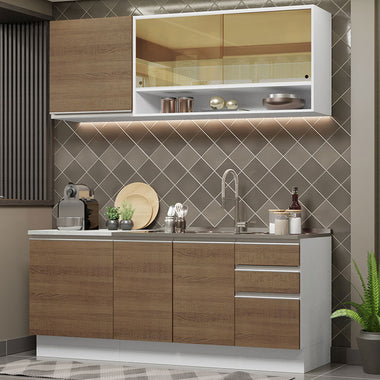 Cocina Compacta 180 cm 6 Puertas 3 Cajones Sin Mesada Blanco/Marrón Glamy Madesa