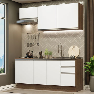 Cocina Compacta 180 cm 6 Puertas 3 Cajones Sin Mesada Marrón/Blanco Glamy Madesa