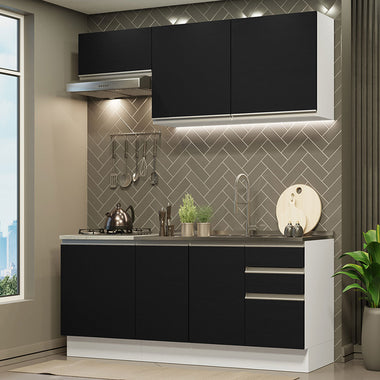 Cocina Compacta 180 cm 6 Puertas 3 Cajones Sin Mesada Blanco/Negro Glamy Madesa