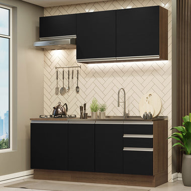 Cocina Compacta 180 cm 6 Puertas 3 Cajones Sin Mesada Marrón/Negro Glamy Madesa