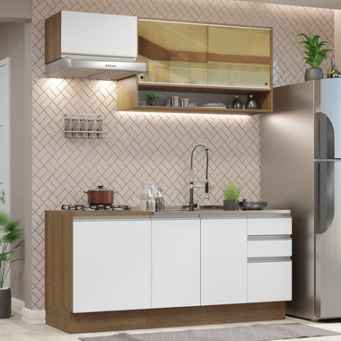 Cocina Compacta 180 cm 6 Puertas 3 Cajones Sin Mesada Marrón/Blanco Glamy Madesa