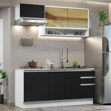 Cocina Compacta 180 cm 6 Puertas 3 Cajones Sin Mesada Blanco/Negro Glamy Madesa