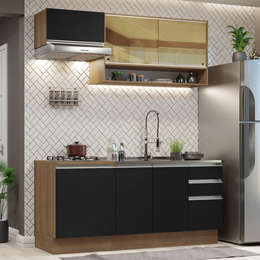 Cocina Compacta 180 cm 6 Puertas 3 Cajones Sin Mesada Marrón/Negro Glamy Madesa