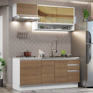 Cocina Compacta 180 cm 6 Puertas 3 Cajones Sin Mesada Blanco/Marrón Glamy Madesa