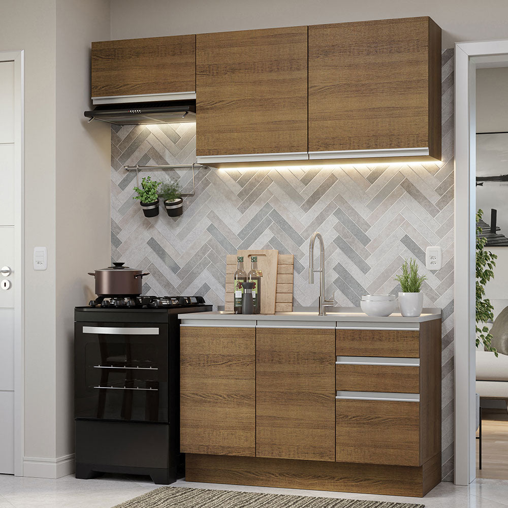Cocina Compacta 180 cm 5 Puertas 3 Cajones Sin Mesada Marrón Glamy Madesa