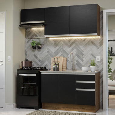 Cocina Compacta 180 cm 5 Puertas 3 Cajones Sin Mesada Marrón/Negro Glamy Madesa