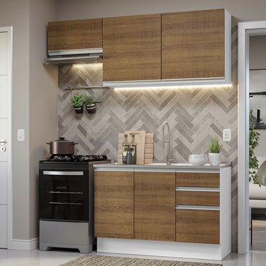 Cocina Compacta 180 cm 5 Puertas 3 Cajones Sin Mesada Blanco/Marrón Glamy Madesa