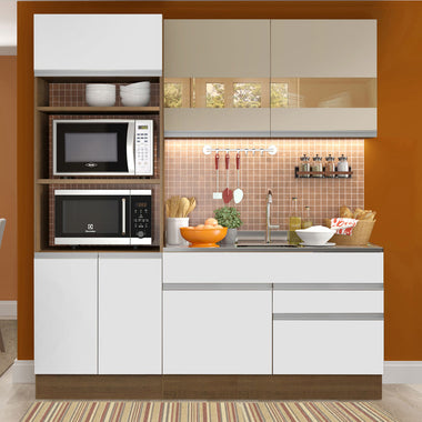 Cocina Compacta 190 cm 6 Puertas 2 Cajones Sin Mesada Marrón/Crema/Blanco Glamy Madesa