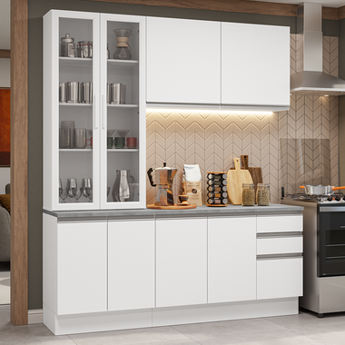 Kit Cocina Compacta 190 cm 8 Puertas 3 Cajones y Cristalero Blanco Glamy Madesa