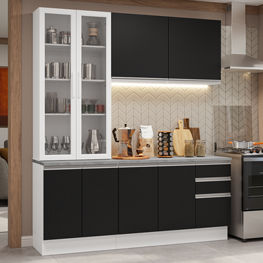 Kit Cocina Compacta 190 cm 8 Puertas 3 Cajones y Cristalero Blanco/Negro Glamy Madesa