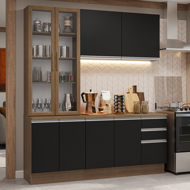 Cocina Compacta 190 cm 8 Puertas 3 Cajones Marrón/Negro Glamy Madesa