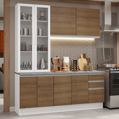 Kit Cocina Compacta 190 cm 8 Puertas 3 Cajones y Cristalero Blanco/Marrón Glamy Madesa