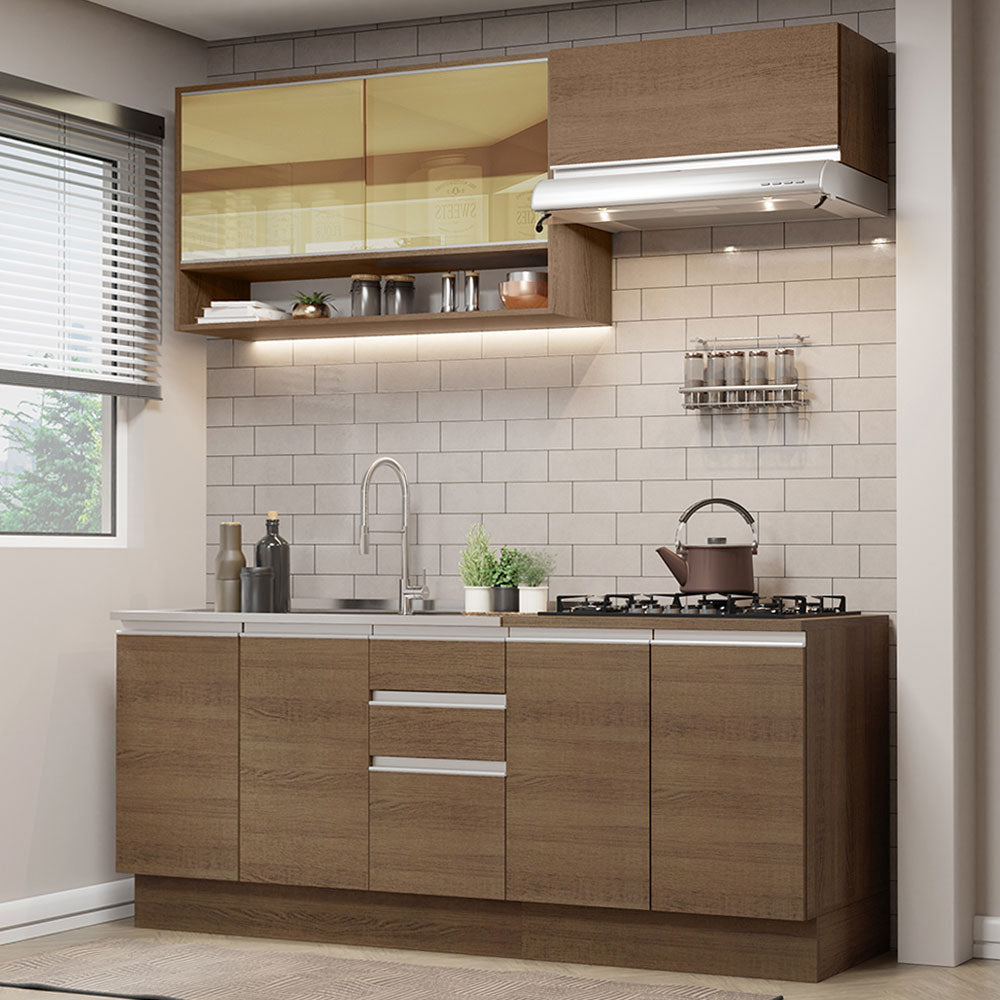 Cocina Compacta 200 cm 7 Puertas 3 Cajones Sin Mesada Marrón Glamy Madesa