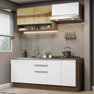 Cocina Compacta 200 cm 7 Puertas 3 Cajones Sin Mesada Marrón/Blanco Glamy Madesa