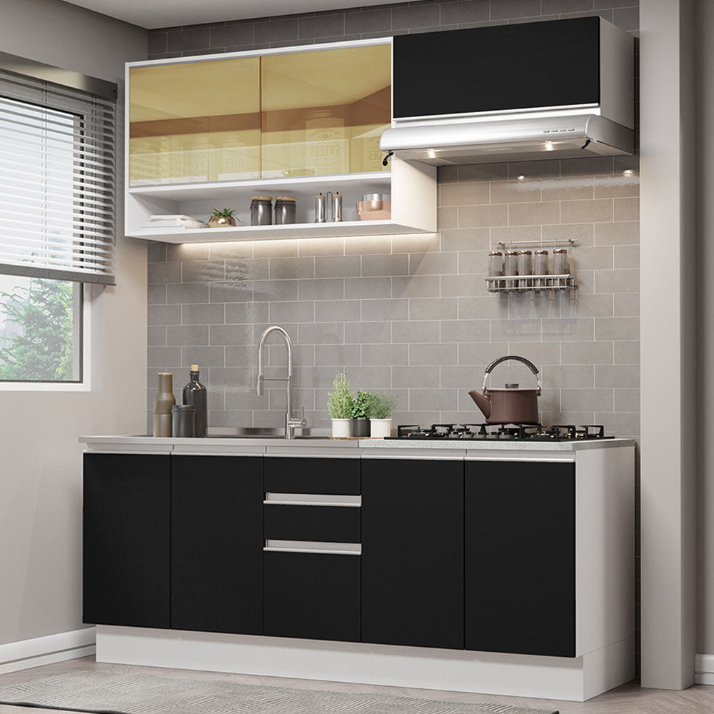 Cocina Compacta 200 cm 7 Puertas 3 Cajones Sin Mesada Blanco/Negro Glamy Madesa
