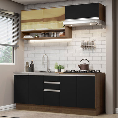 Cocina Compacta 200 cm 7 Puertas 3 Cajones Sin Mesada Marrón/Negro Glamy Madesa