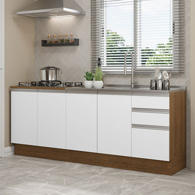 Cocina Compacta 200 cm 4 Puertas 3 Cajones Sin Mesada Marrón/Blanco Glamy Madesa