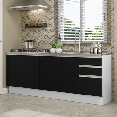 Cocina Compacta 200 cm 4 Puertas 3 Cajones Sin Mesada Blanco/Negro Glamy Madesa