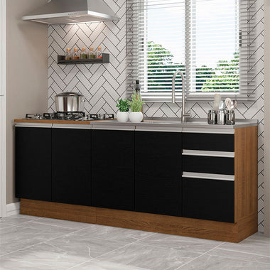 Cocina Compacta 200 cm 4 Puertas 3 Cajones con Bacha de Acero Inoxidable Marrón/Negro Glamy Madesa