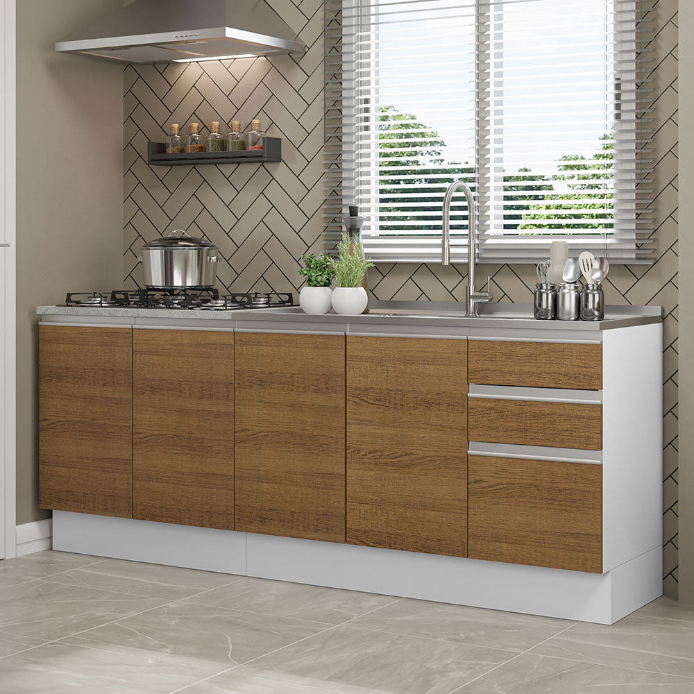 Cocina Compacta 200 cm 4 Puertas 3 Cajones Sin Mesada Blanco/Marrón Glamy Madesa