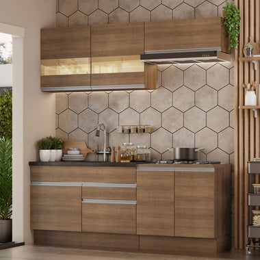Cocina Compacta 200 cm 6 Puertas 2 Cajones Sin Mesada Marrón Glamy Madesa