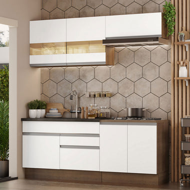 Cocina Compacta 200 cm 6 Puertas 2 Cajones Sin Mesada Marrón/Blanco Glamy Madesa