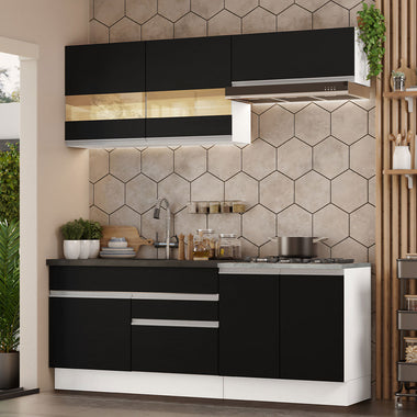 Cocina Compacta 200 cm 6 Puertas 2 Cajones Sin Mesada Blanco/Negro Glamy Madesa