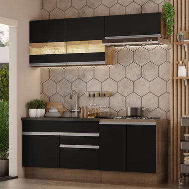 Cocina Compacta 200 cm 6 Puertas 2 Cajones Sin Mesada Marrón/Negro Glamy Madesa