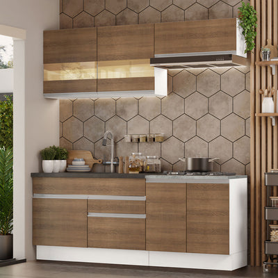Cocina Compacta 200 cm 6 Puertas 2 Cajones Sin Mesada Blanco/Marrón Glamy Madesa