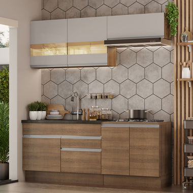 Cocina Compacta 200 cm 6 Puertas 2 Cajones Sin Mesada Marrón/Crema Glamy Madesa