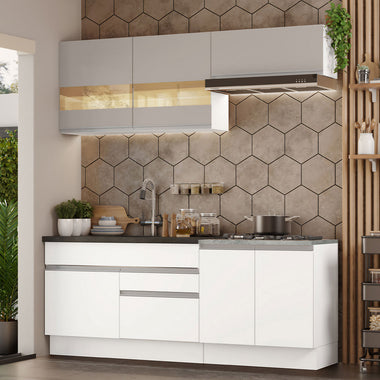Cocina Compacta 200 cm 6 Puertas 2 Cajones Sin Mesada Blanco/Crema Glamy Madesa