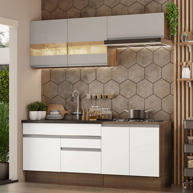 Cocina Compacta 200 cm 6 Puertas 2 Cajones Sin Mesada Marrón/Blanco/Crema Glamy Madesa