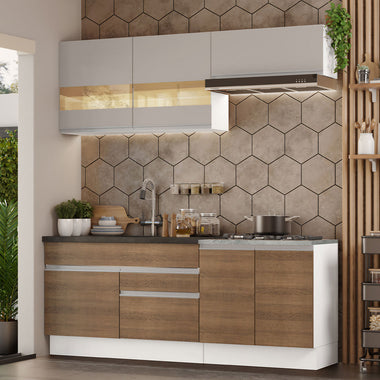 Cocina Compacta 200 cm 6 Puertas 2 Cajones Sin Mesada Blanco/Marrón/Crema Glamy Madesa