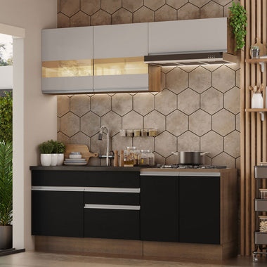 Cocina Compacta 200 cm 6 Puertas 2 Cajones Sin Mesada Marrón/Negro/Crema Glamy Madesa