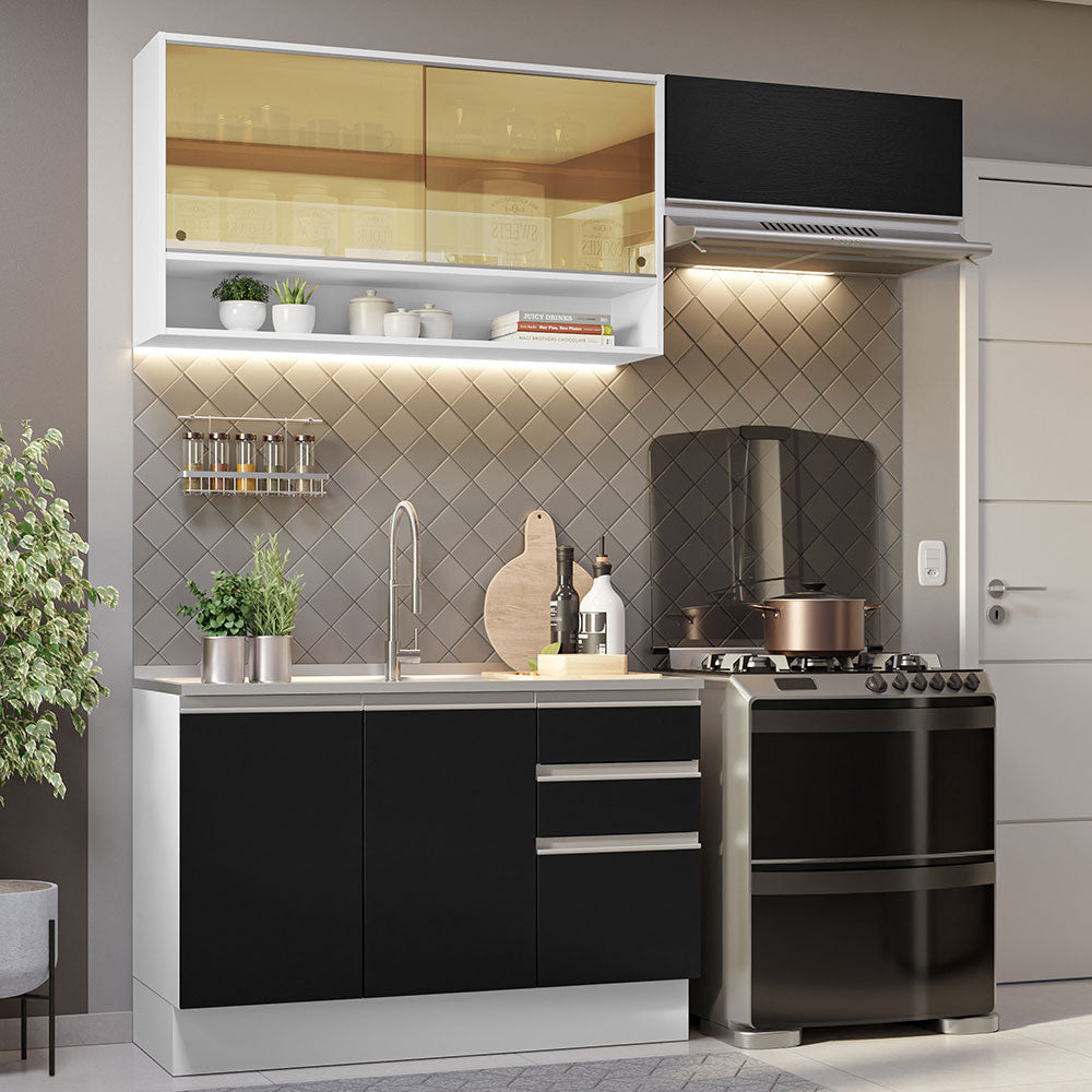 Cocina Compacta 200 cm 5 Puertas 3 Cajones Sin Mesada Blanco/Negro Glamy Madesa