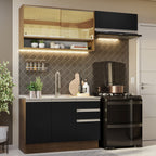 Cocina Compacta 200 cm 5 Puertas 3 Cajones Sin Mesada Marrón/Negro Glamy Madesa
