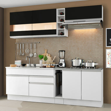 Combo completo de Cocina Compacta 220 cm 6 Puertas 2 Cajones Sin Mesada Blanco/Negro Glamy Madesa