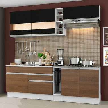 Combo completo de Cocina Compacta 220 cm 6 Puertas 2 Cajones Sin Mesada Blanco/Marrón/Negro Glamy Madesa
