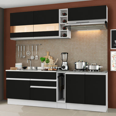 Combo completo de Cocina Compacta 220 cm 6 Puertas 2 Cajones Sin Mesada Blanco/Negro Glamy Madesa