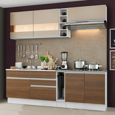 Combo completo de Cocina Compacta 220 cm 6 Puertas 2 Cajones Sin Mesada Blanco/Marrón/Crema Glamy Madesa