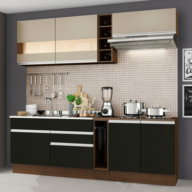 Combo completo de Cocina 220 cm 6 Puertas 2 Cajones Sin Mesada Marrón/Negro/Crema Glamy Madesa