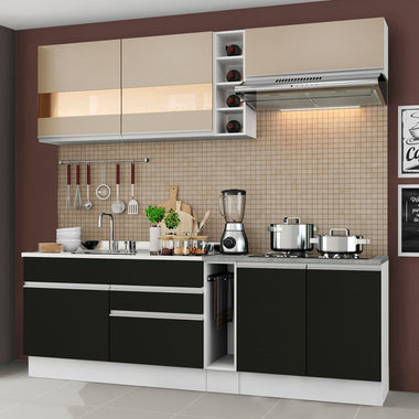 Combo completo de Cocina Compacta 220 cm 6 Puertas 2 Cajones Sin Mesada Blanco/Negro/Crema Glamy Madesa