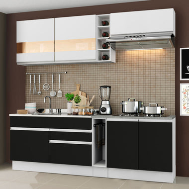 Combo completo de Cocina Compacta 220 cm 6 Puertas 2 Cajones Sin Mesada Blanco/Negro Glamy Madesa