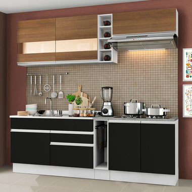 Combo completo de Cocina Compacta 220 cm 6 Puertas 2 Cajones Sin Mesada Blanco/Negro/Marrón Glamy Madesa