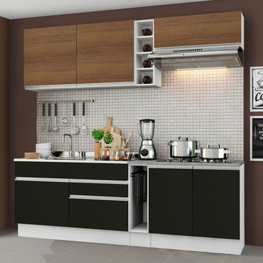 Combo completo de Cocina 220 cm 6 Puertas 2 Cajones Sin Mesada Blanco/Negro/Marrón Glamy Madesa