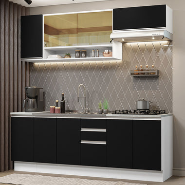 Combo completo de Cocina 240 cm 9 Puertas 3 Cajones Sin Mesada Blanco/Negro Glamy Madesa